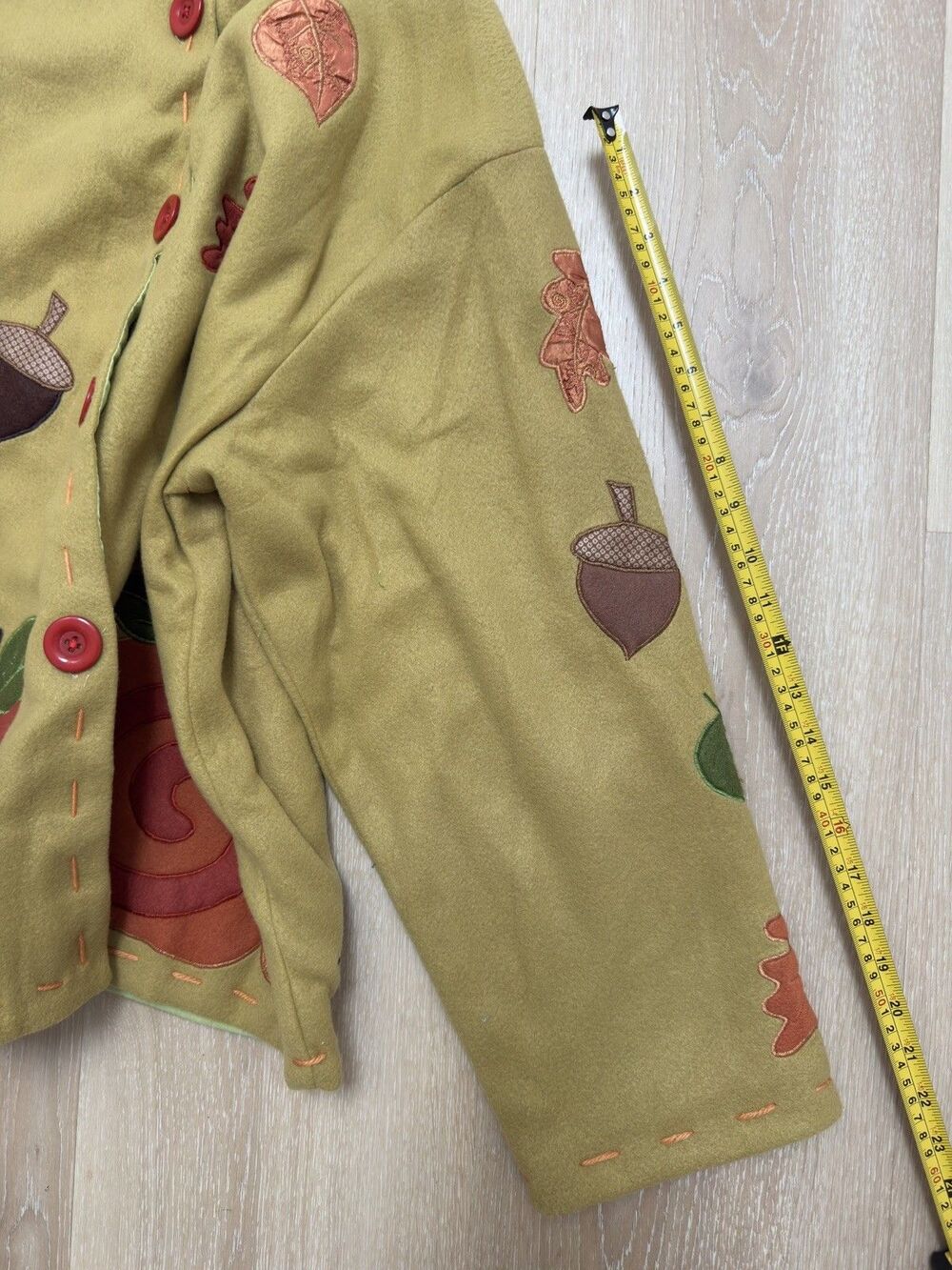 VTG 90s Y2K Autumn Pumpkin Leaf Applique Fleece Jacket Mustard Cardigan L Lined - Picture 10 of 16